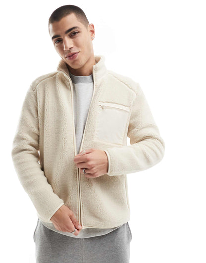 Zip Through Sherpa Fleece With Chest Pocket
