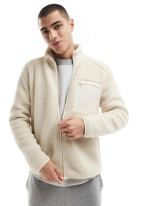 Zip Through Sherpa Fleece With Chest Pocket