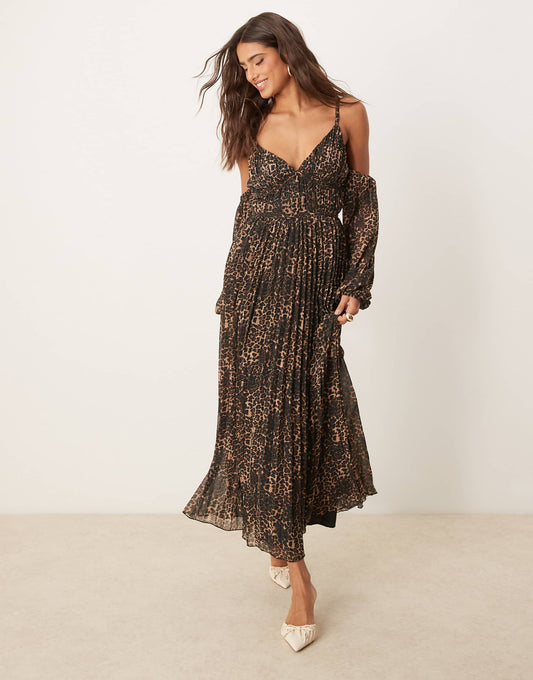 Plunge Bardot Pleated Midaxi Dress