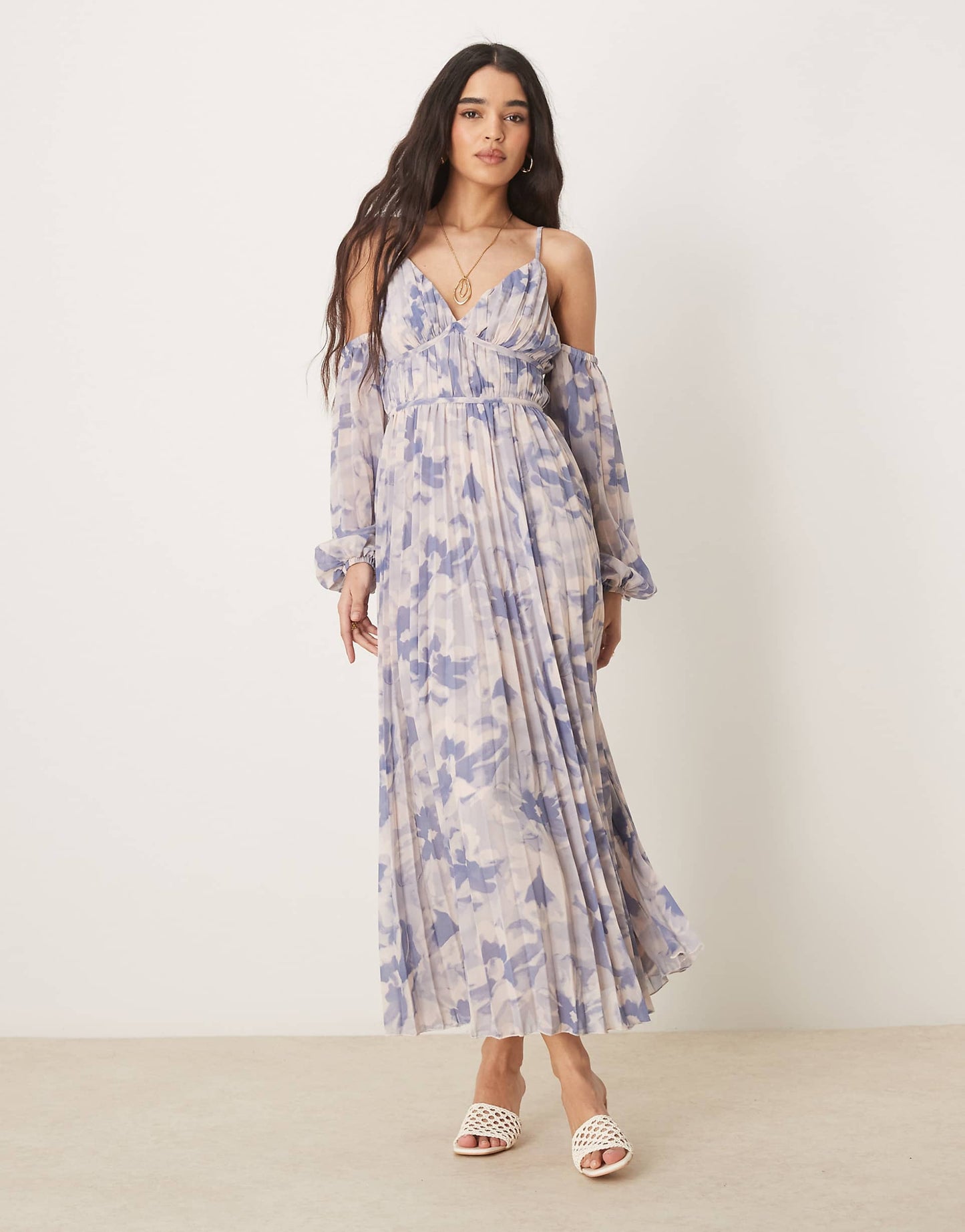 Plunge Bardot Pleated Midaxi Dress