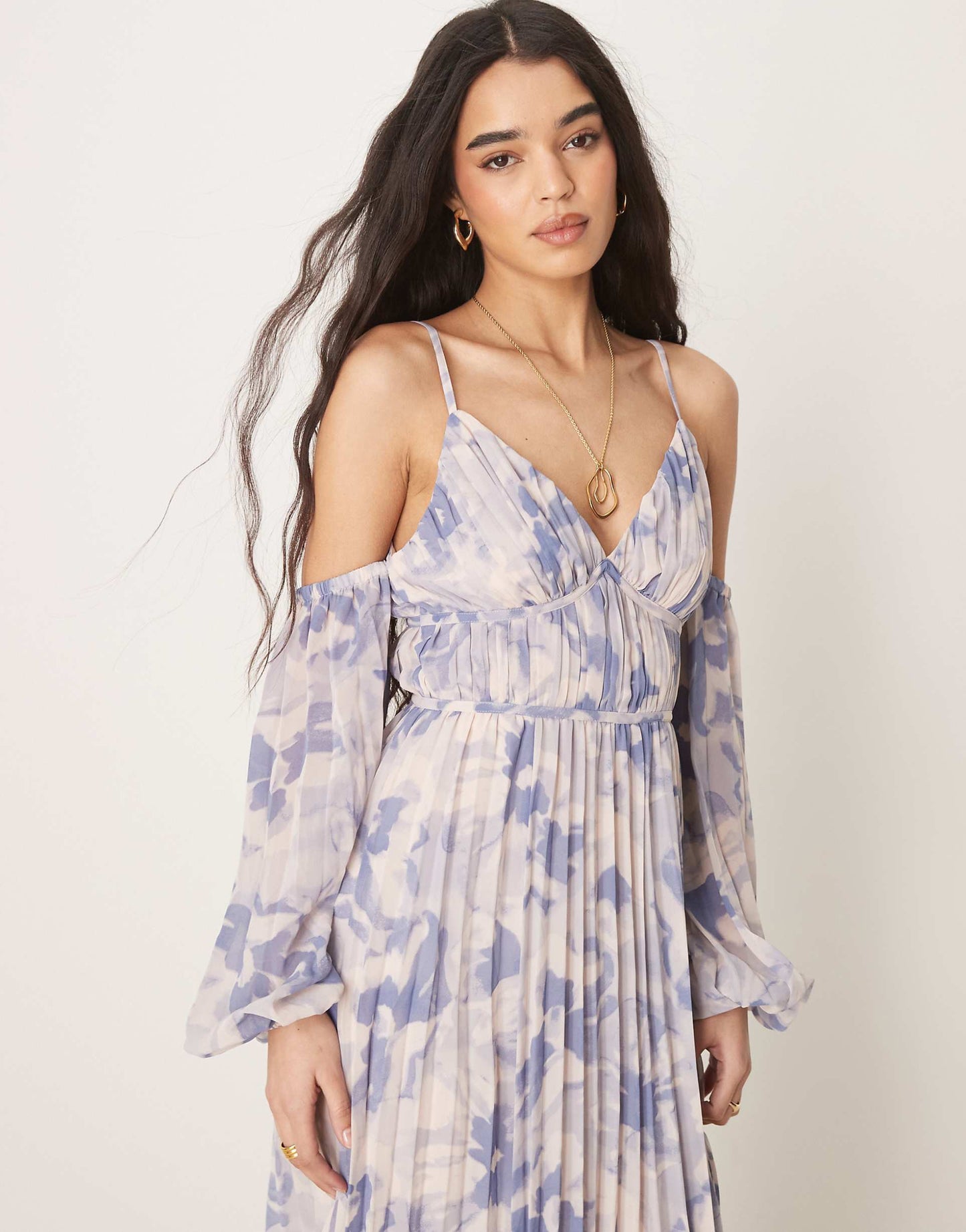 Plunge Bardot Pleated Midaxi Dress