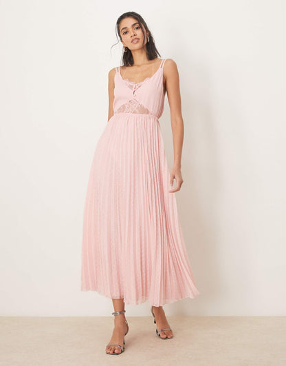 Double Layer Lace Insert Pleated Midi Dress