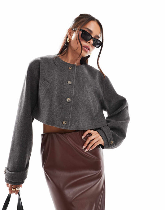 Cropped Collarless Wool Blend Jacket