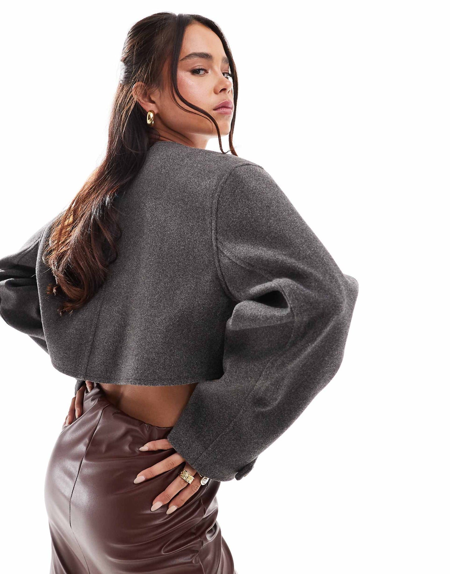 Cropped Collarless Wool Blend Jacket