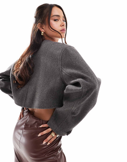 Cropped Collarless Wool Blend Jacket