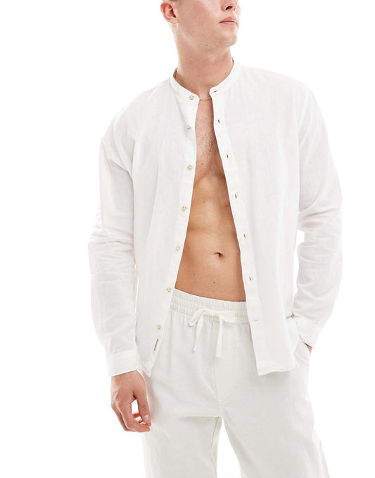 Linen Look Long Sleeve Grandad Neck Shirt