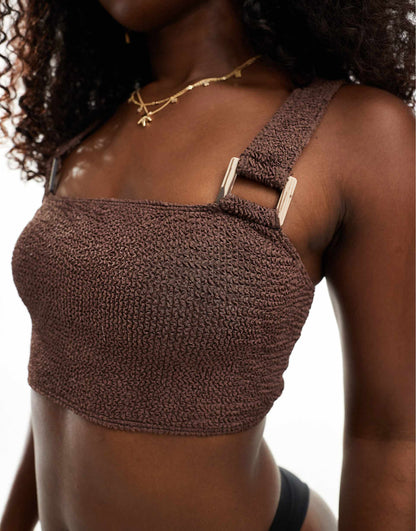 Megan Crinkle Longline Crop Bikini Top With Square Tim