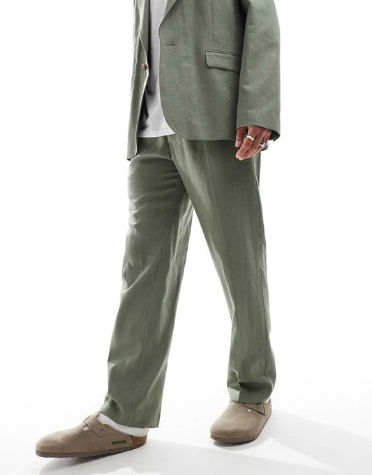 Linen Blend Pull On Straight Leg Suit Trousers