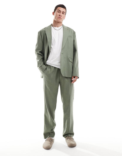 Linen Blend Pull On Straight Leg Suit Trousers