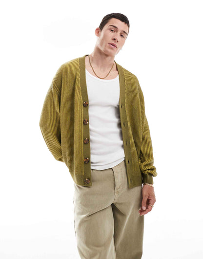 Oversized Knitted Plated Fisherman Rib Cardigan