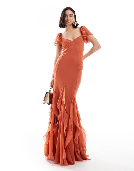 Flutter Sleeve Maxi Dress With Ruffle Godets