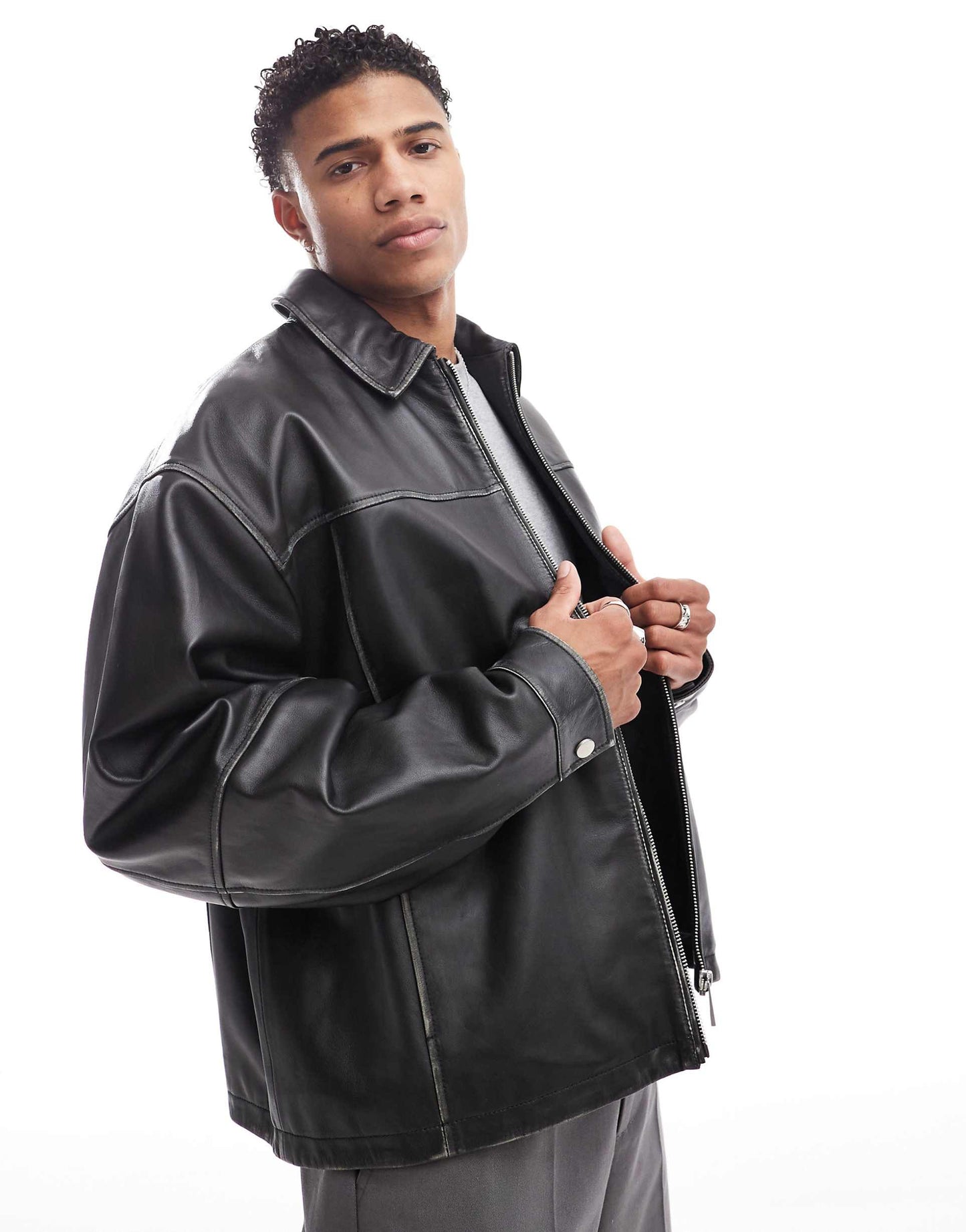 Premium Real Leather Oversized Harrington Jacket