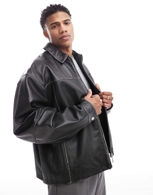 Premium Real Leather Oversized Harrington Jacket