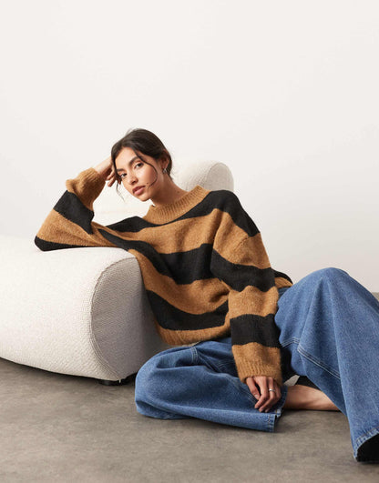 Oversized Crew Neck Knit Striped Jumper