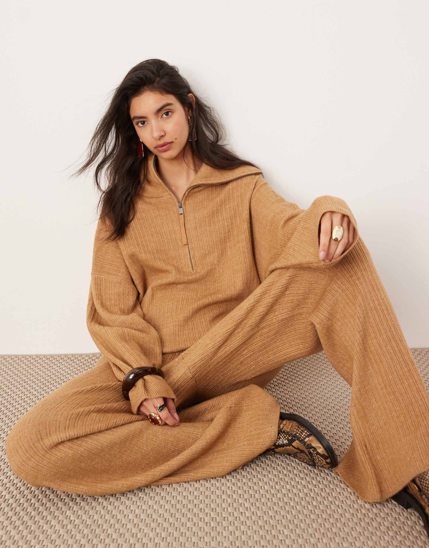 Knitted Rib Half Zip Oversized Collar Jumper Co-Ord