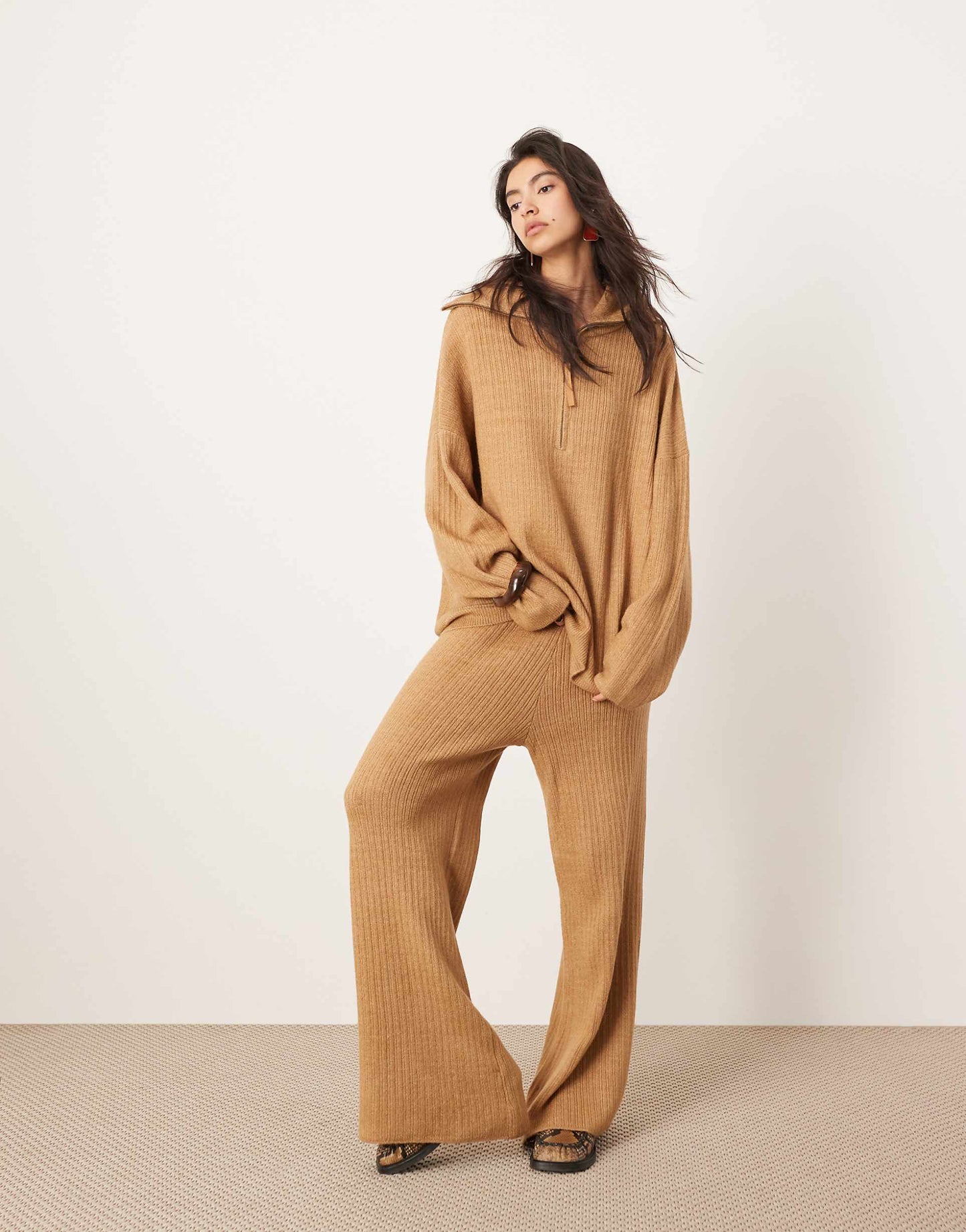 Knitted Rib Half Zip Oversized Collar Jumper Co-Ord