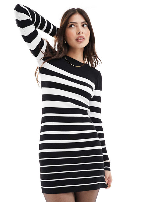 Stripe Long Sleeve Knit Compact Rib Mini Dress