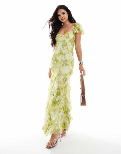 Flutter Sleeve Maxi Dress With Ruffle Godets