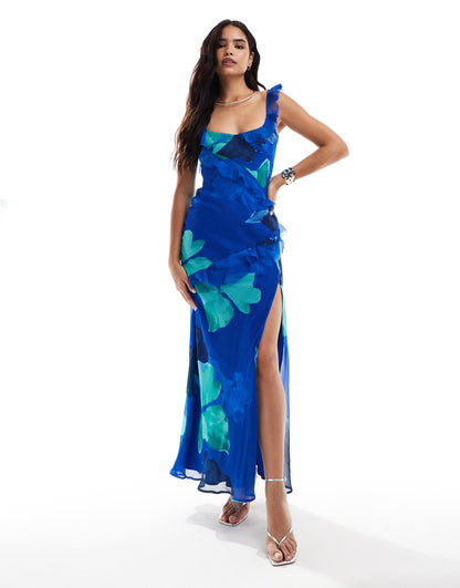 Raw Edge Frill Maxi Dress With Tie Back