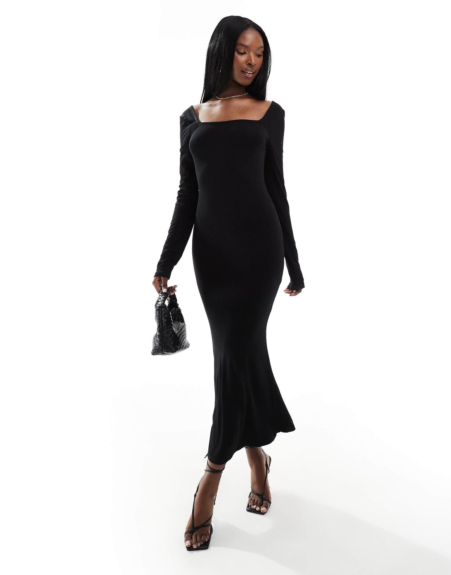 Square Neck Softline Long Sleeve Midi Dress