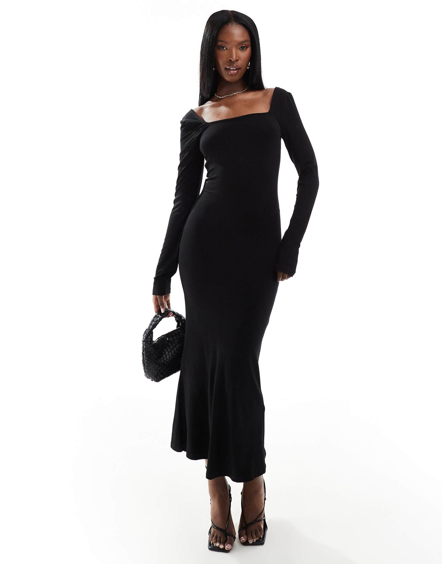 Square Neck Softline Long Sleeve Midi Dress