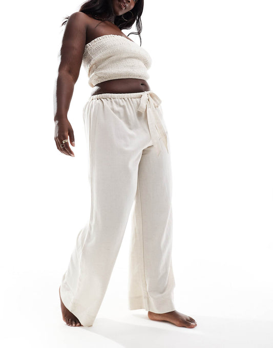 Curve Isabel Mix & Match Linen Look Tie Waist Beach Trouser