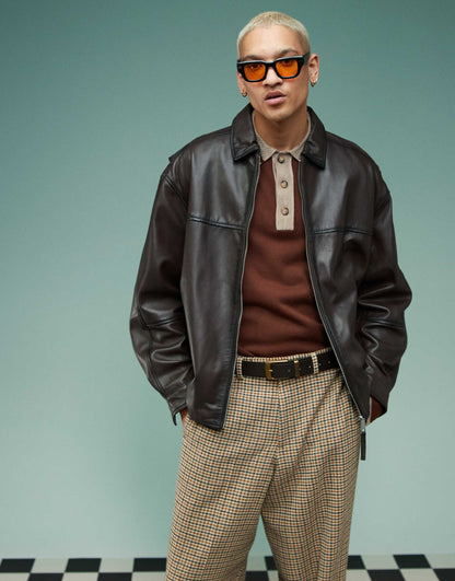 Premium Oversized Real Leather Harrington Jacket