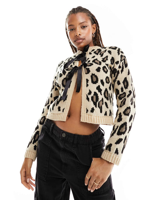 Leopard Ribbon Detail Knitted Cardigan
