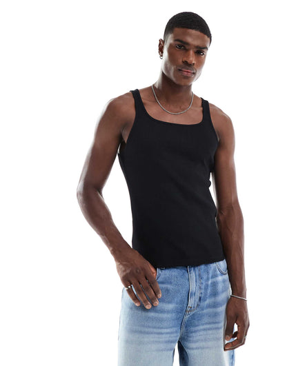 Muscle Fit Rib Vest With Square Neck