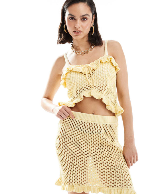 Knitted Crochet Cami Top With Frill And Tie Detail