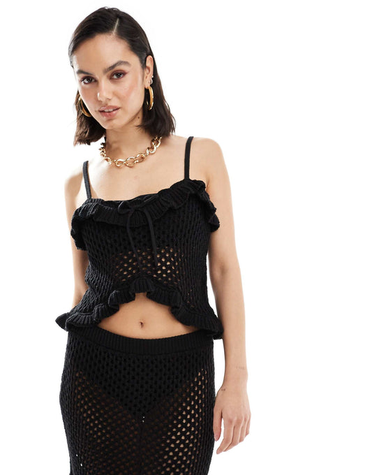 Knitted Crochet Cami Top With Frill And Tie Detail