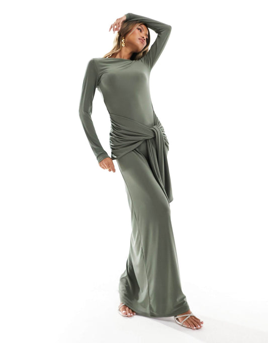 Tie Front Exaggerated Drape Maxi Dress