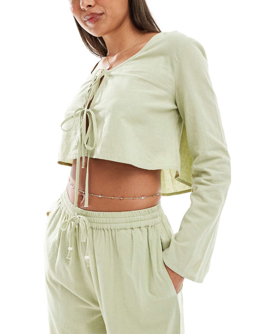 Kayla Mix And Match Long Sleeve Tie Front Beach Top