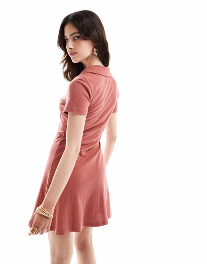 Collared Mini Column Tea Dress With Button Front And Cap Sleeve