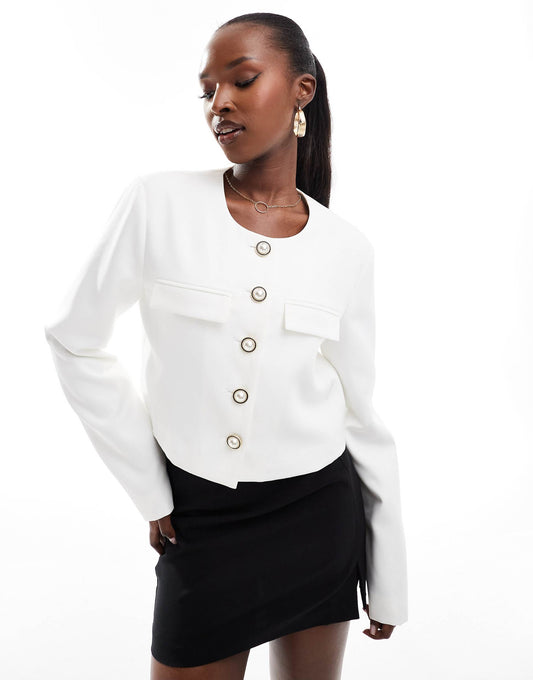 Boxy Cropped Pearl Button Through Jacket