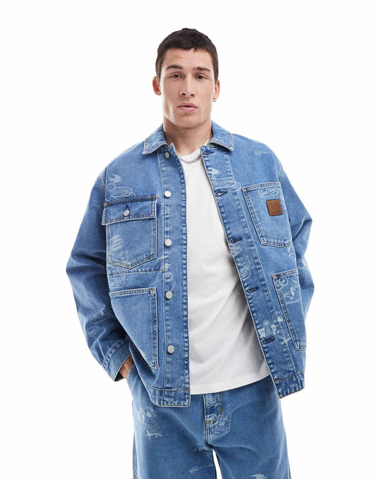 Stamp Print Pocket Denim Jacket