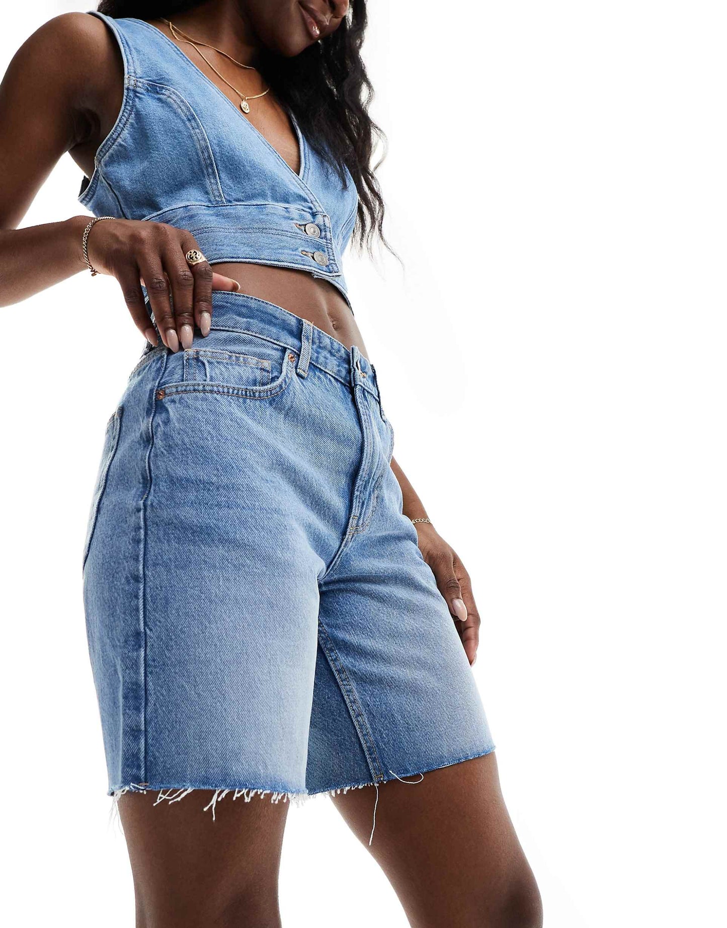 High Waisted Raw Hem Longline Denim Shorts