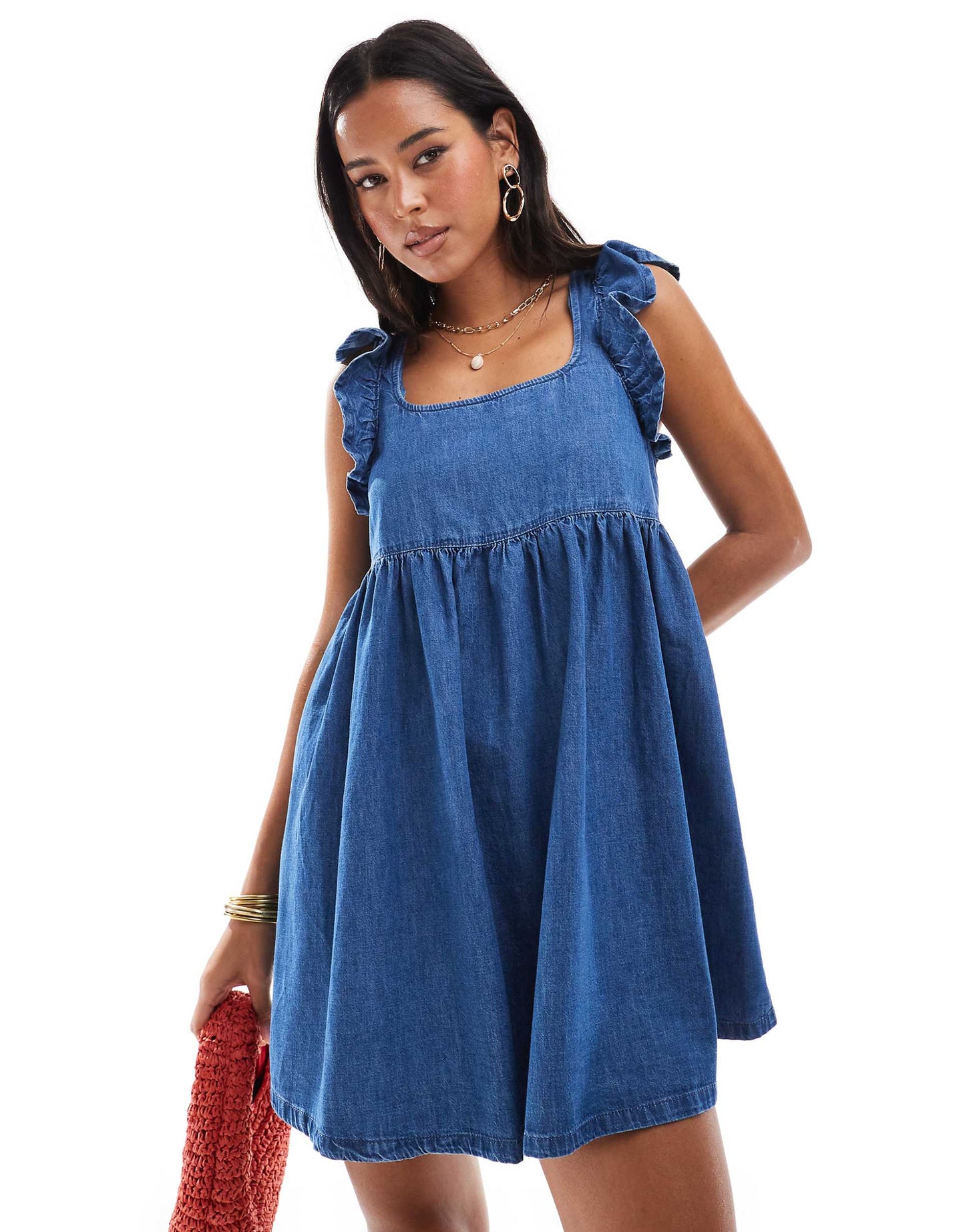 Soft Denim Smock Mini Dress With Bow Back