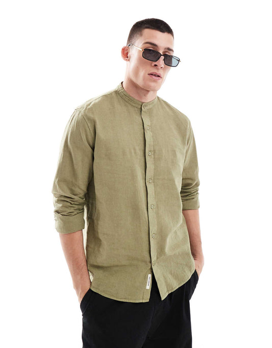 Linen Look Grandad Neck Shirt