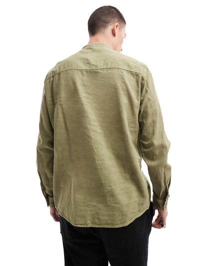 Linen Look Grandad Neck Shirt