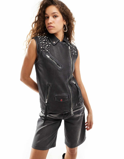 Billie Embellished Leather Biker Gilet
