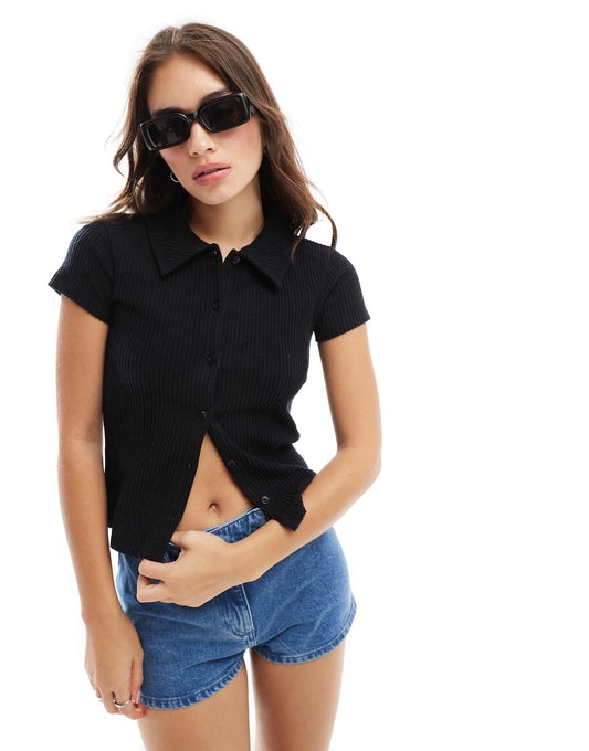 Supersoft Button Up Ribbed Polo Top