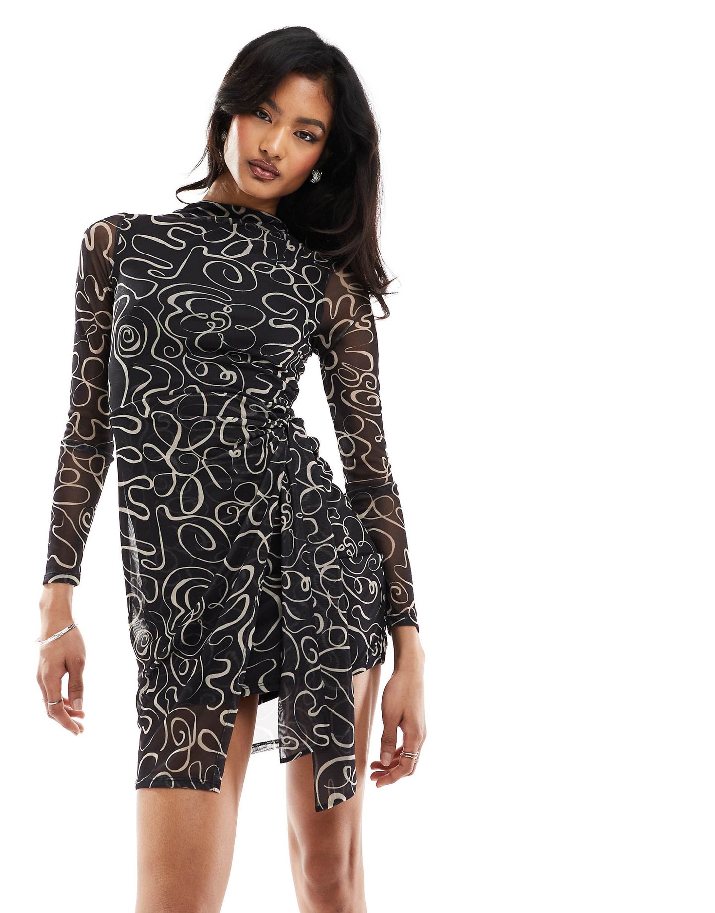 High Neck Asymmetric Wrap Mini Dress