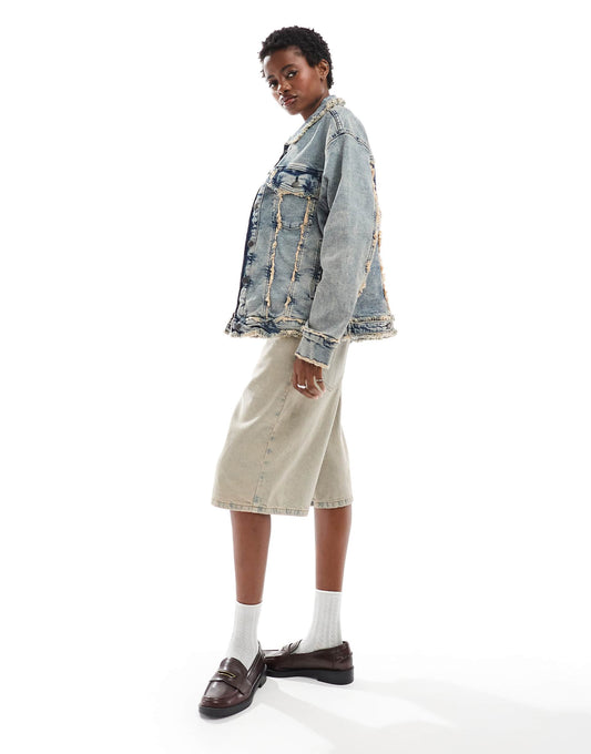 Denim Jacket With Open Fray