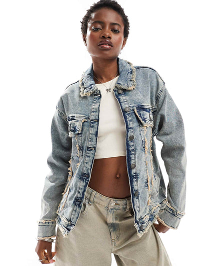 Denim Jacket With Open Fray