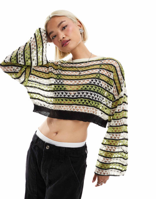 Open Knit Cropped Jumper With Wide Sleeve