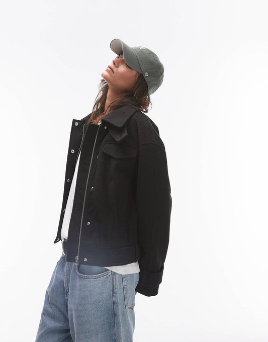 Wool Look Bomber Jacket With Tab Detail