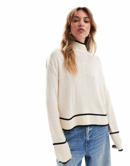 High Neck Cropped Jumper With Piping Hem Detail