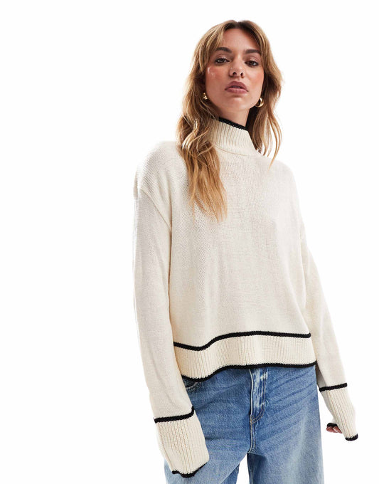 High Neck Cropped Jumper With Piping Hem Detail