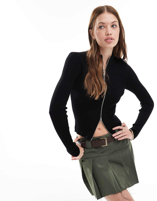 Ribbed Knitted Zip Front Jumper